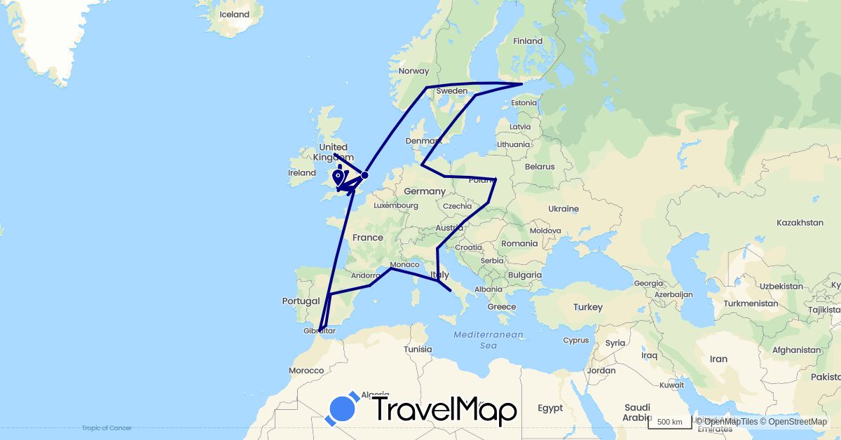 TravelMap itinerary: driving in Austria, Germany, Denmark, Spain, Finland, France, United Kingdom, Gibraltar, Italy, Norway, Poland, Sweden (Europe)